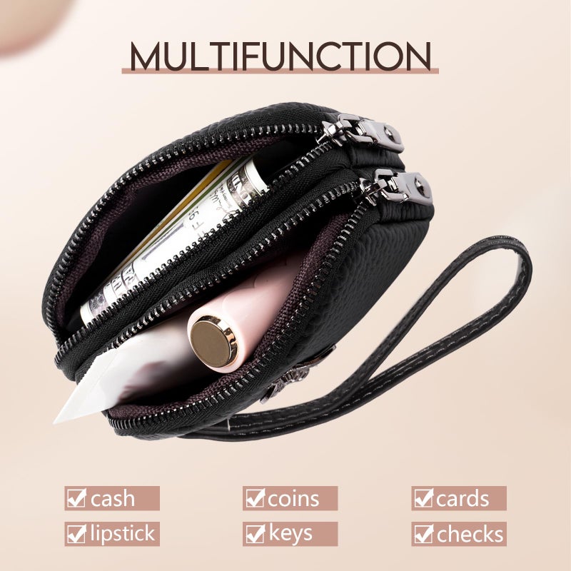 imeetu Women Leather Coin Purse, Small 2 Zippered Change Pouch Wallet(Black, Wrist Strap) - Image 2